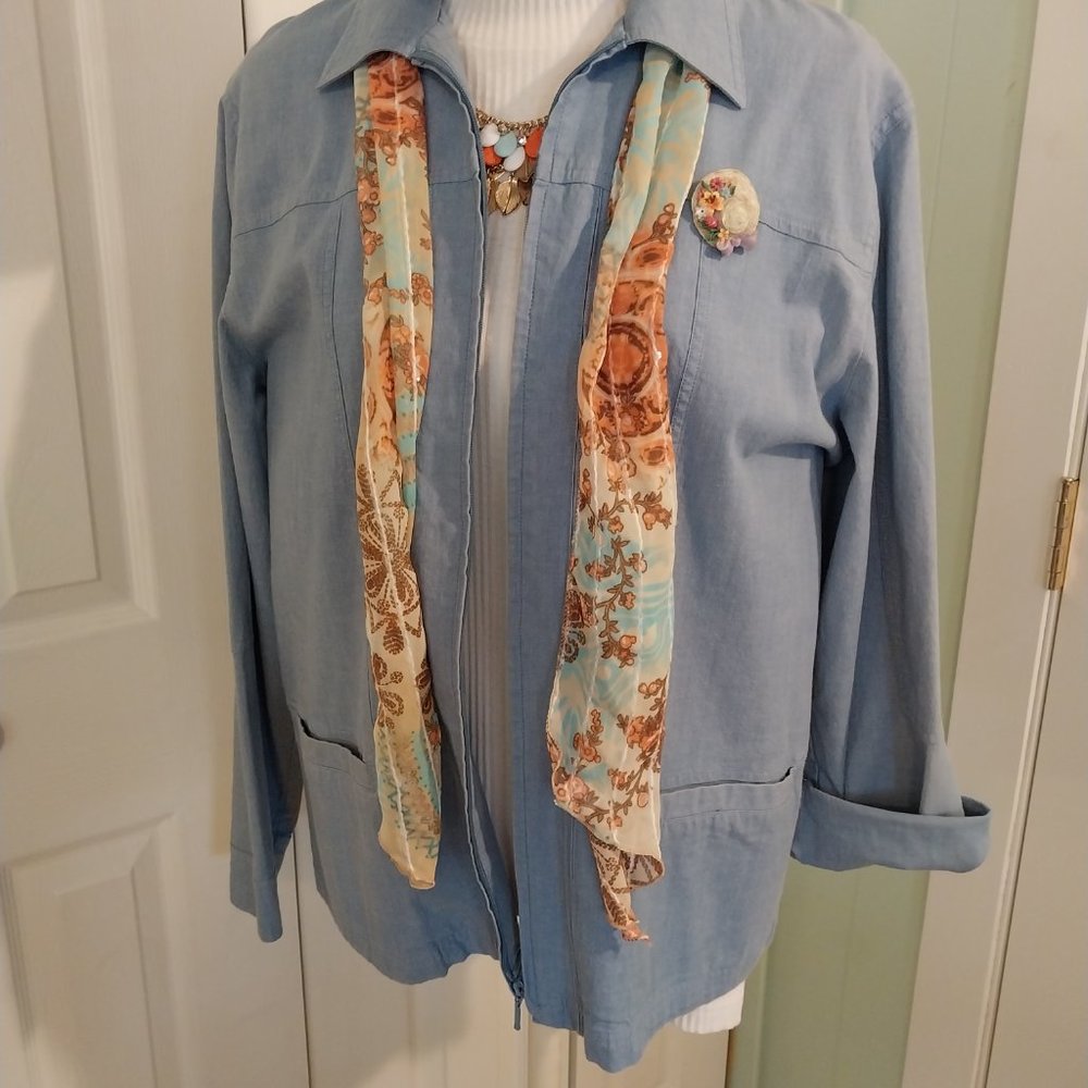 2570 Size 14 Lana Sport Upcycled Painted Zip Up Jean Jacket - Picture 2 of 7